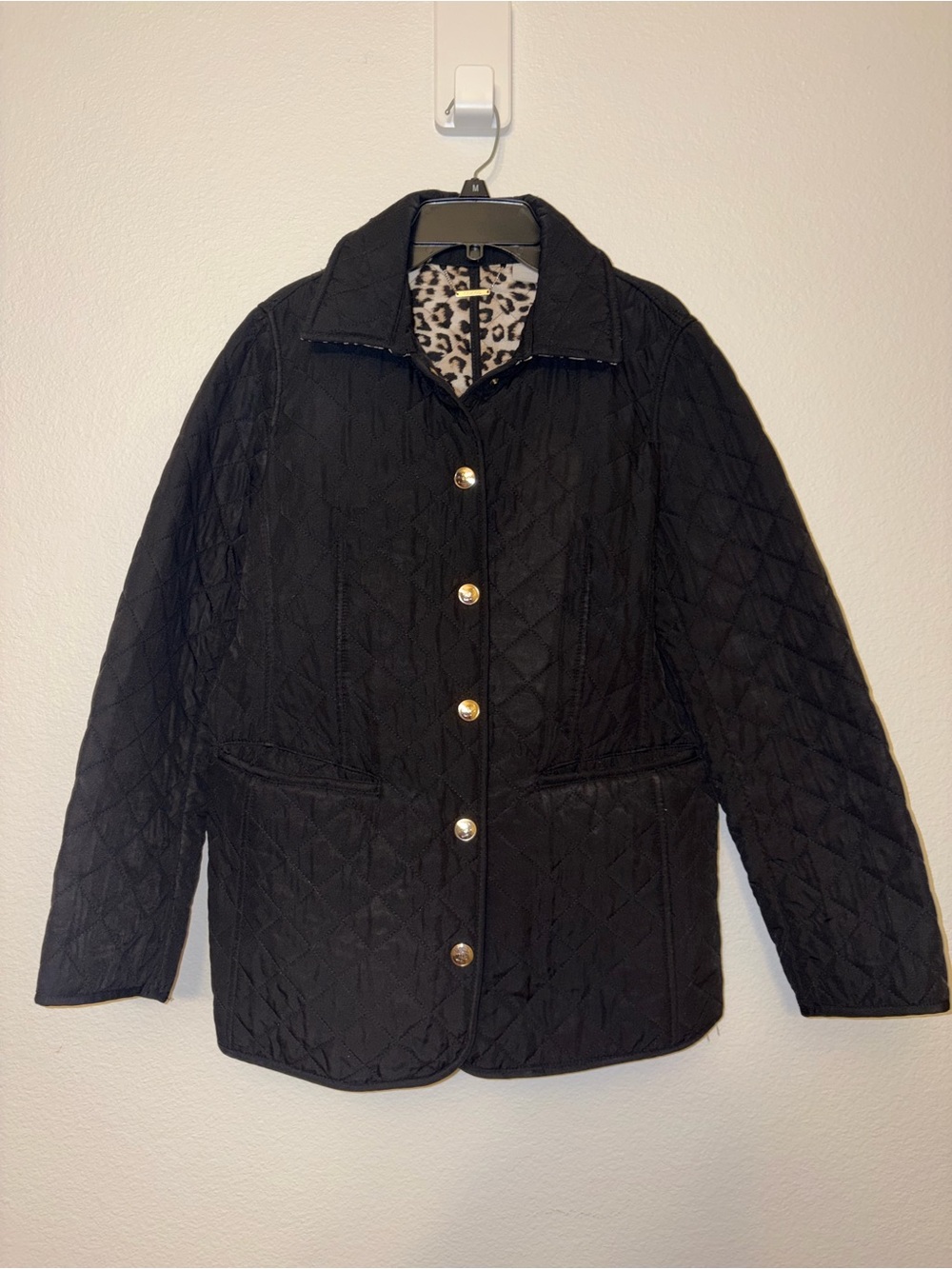 Chicos Black Quilted Jacket Leopard Print Lining Gold Button Coat US Size 8/10
